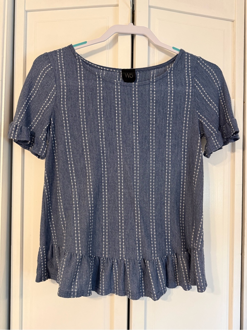 W5 Navy-Blue Vertical Stripe Ruffle-Hem Blouse